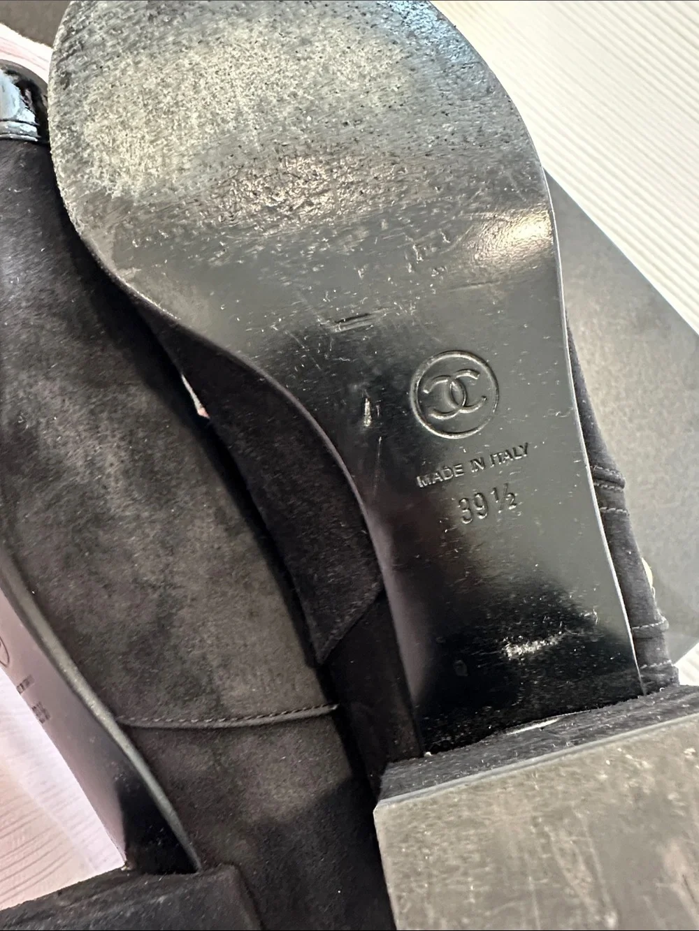 CHANEL Black Suede Mid-Calf Boots with Pearl Button Trim